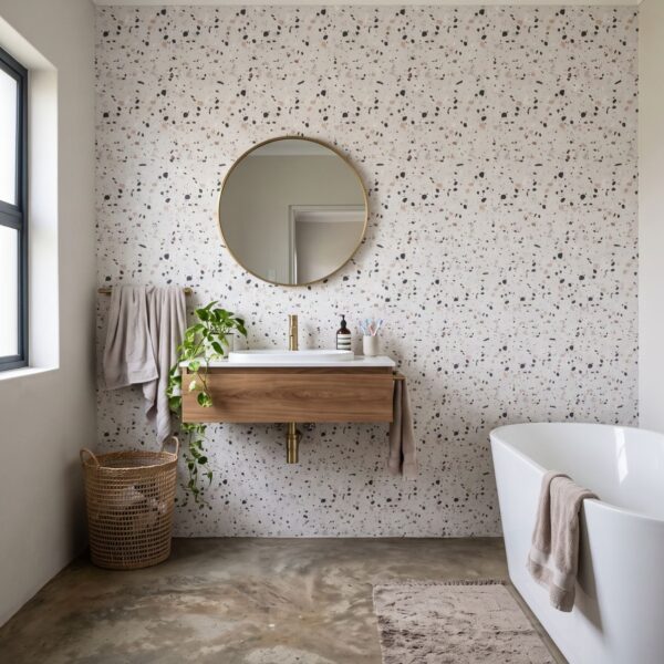 Commodus Speckle Wallpaper shown in a bathroom