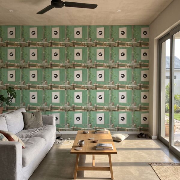 Seafoam Stripes Wallpaper shown in a living room