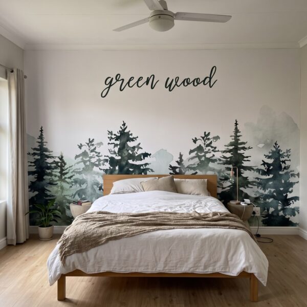 Mural Newlands Watercolour Forest shown in a bedroom
