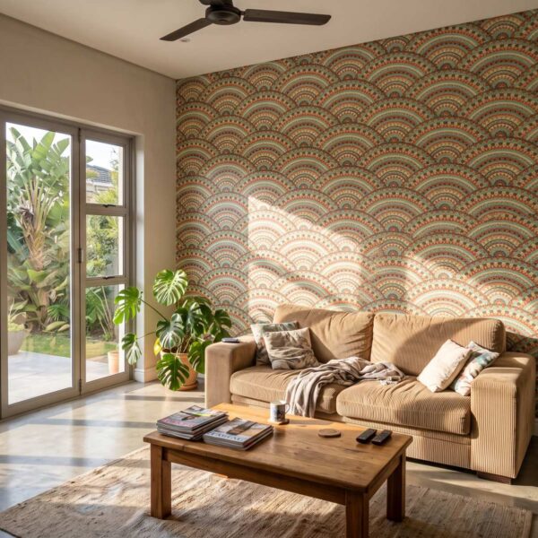 Seigaiha Summer Wallpaper shown in a living room
