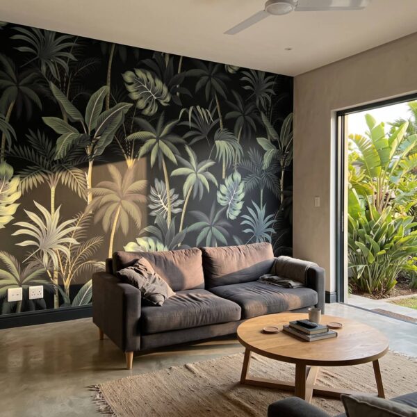 Mural Dusky Palms shown in a living room