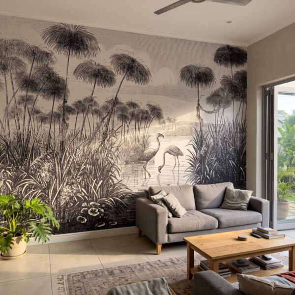 Mural Flamingo Ensemble Sketch shown in a living room