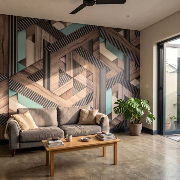 Mural Inter Teal shown in a living room