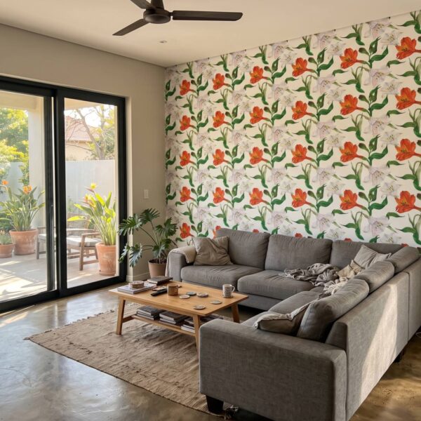 White & Orange Lillies Wallpaper shown in a living room