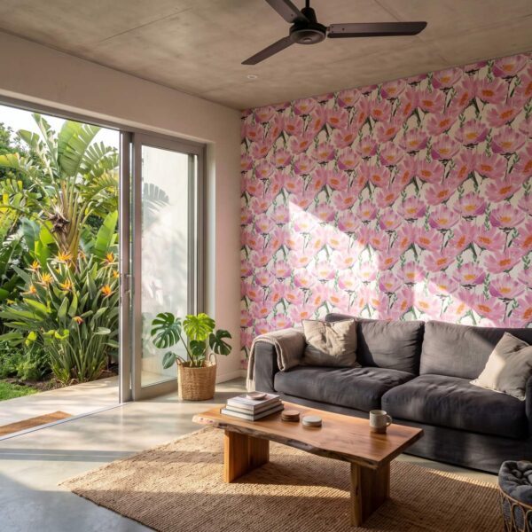 Daisy Gouache Wallpaper shown in a living room