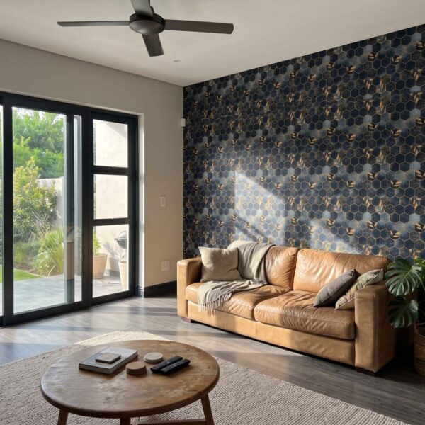 Aelia Designer Marble Wallpaper shown in a living room