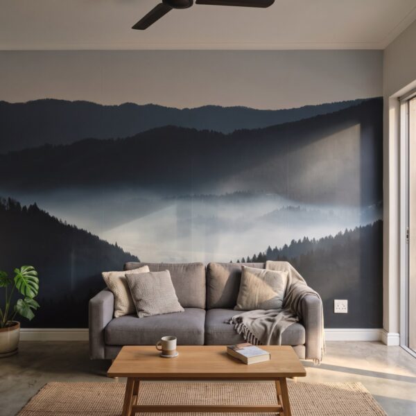 Mural Misty valley shown in a living room