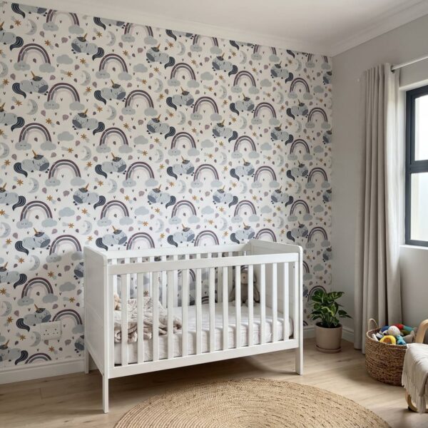 Sleepy Unicorns Wallpaper shown in a nursery