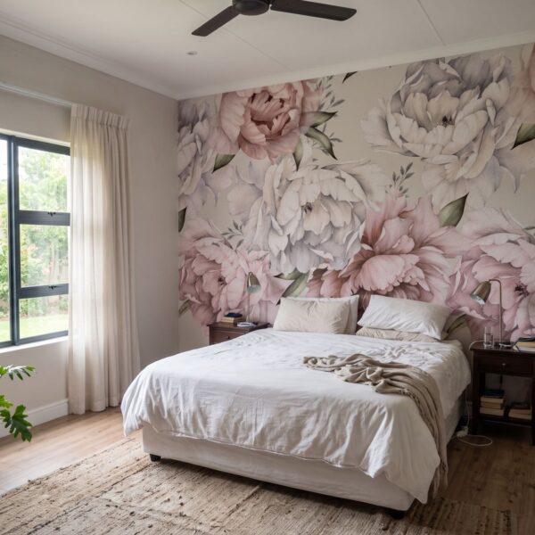 Mural Peony Powder shown in a bedroom