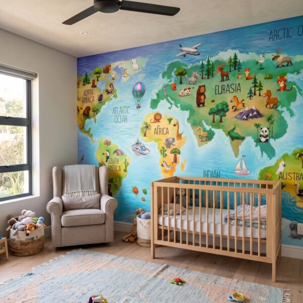 Mural Littles Map shown in a nursery