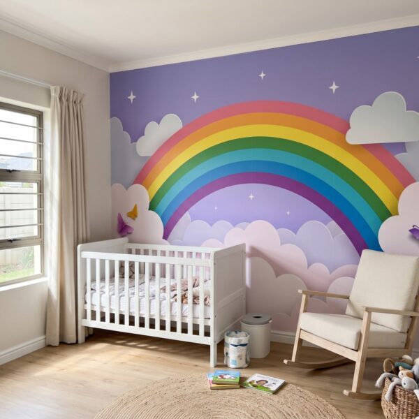 Mural Rainbow Clouds shown in a nursery