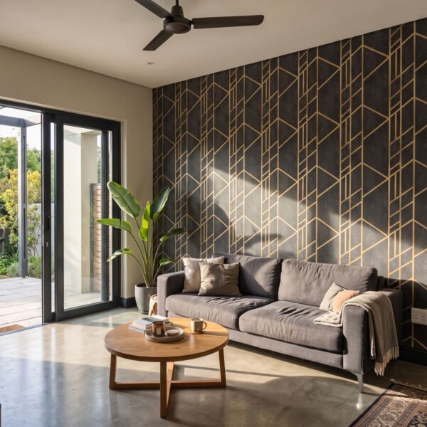 Fusain Gold Wallpaper shown in a living room
