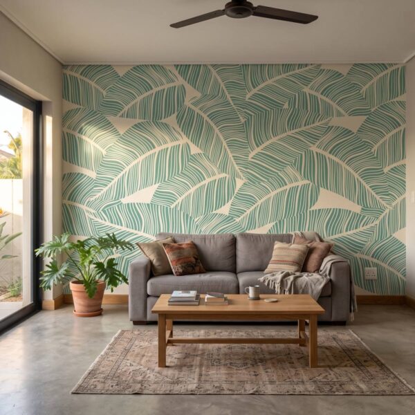 Mural Art Deco Whipped Leaves shown in a living room