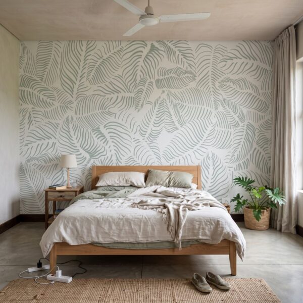 Mural Sage veins on white shown in a bedroom