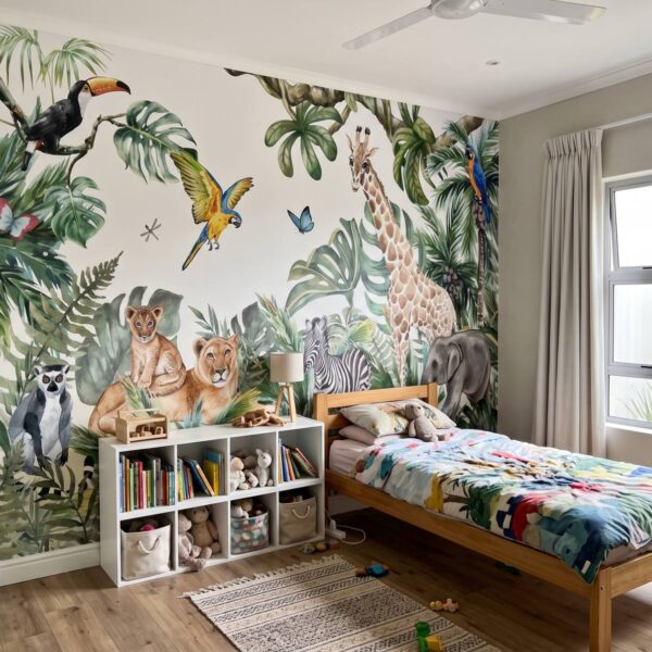 Mural Majestic Jungle Encounter shown in a nursery