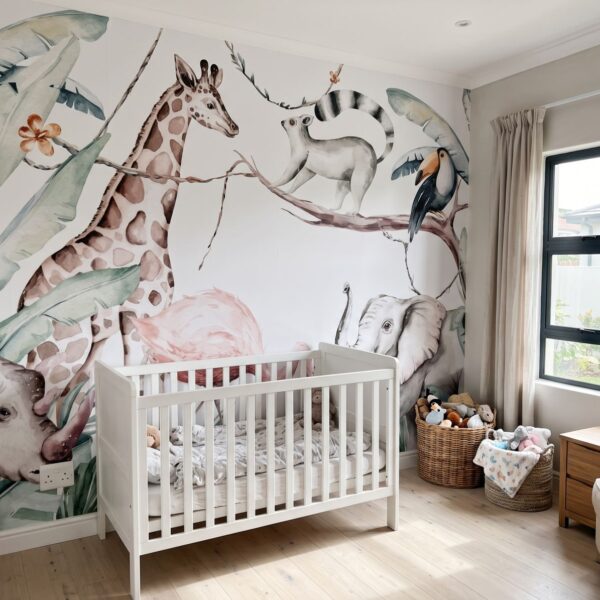Mural Watercolour Safari shown in a nursery