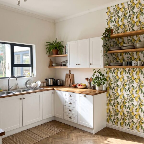 EL Lemons Vine Wallpaper shown in a kitchen