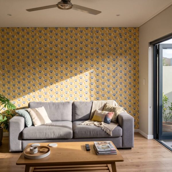Ilanga Yellow Weave Wallpaper shown in a living room