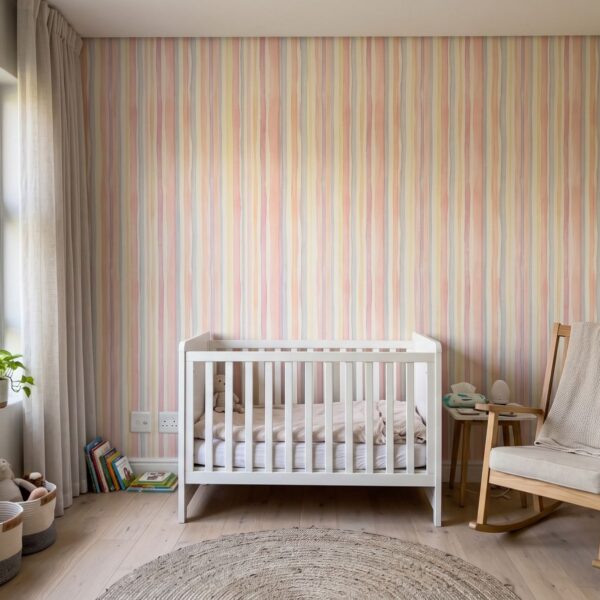 Pastel Gouache Stripes Wallpaper shown in a nursery