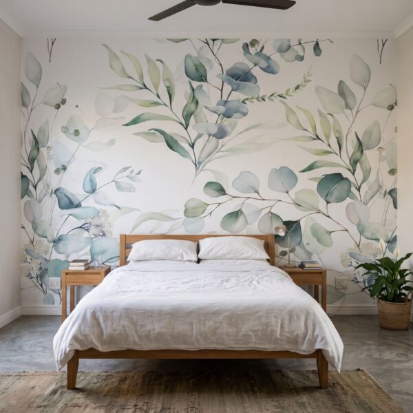 Mural Eucalyptus Watercolour shown in a bedroom