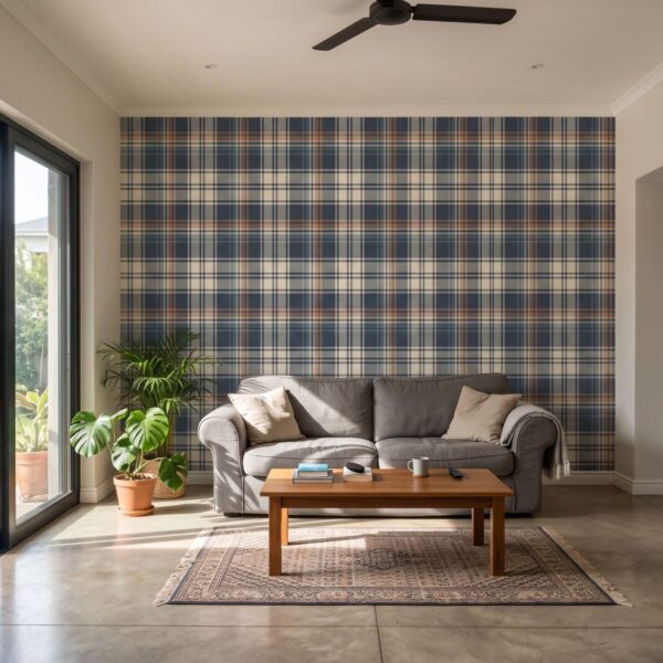 Night Tartan Plaid Wallpaper shown in a living room