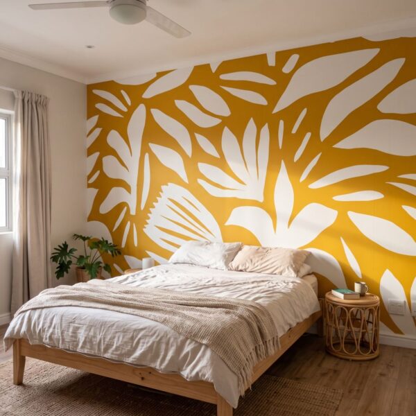 Mural Wildflowers in Mustard shown in a bedroom