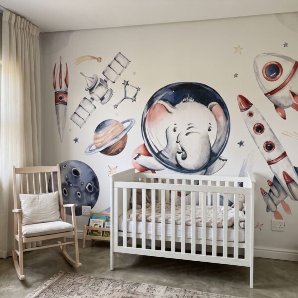 Mural Space Explorers shown in a nursery