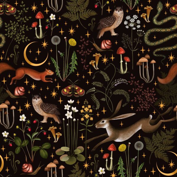 Nocturnal Creatures Wallpaper, woodland animals in black, green and brown wallpaper - Wallpaper Online Canada