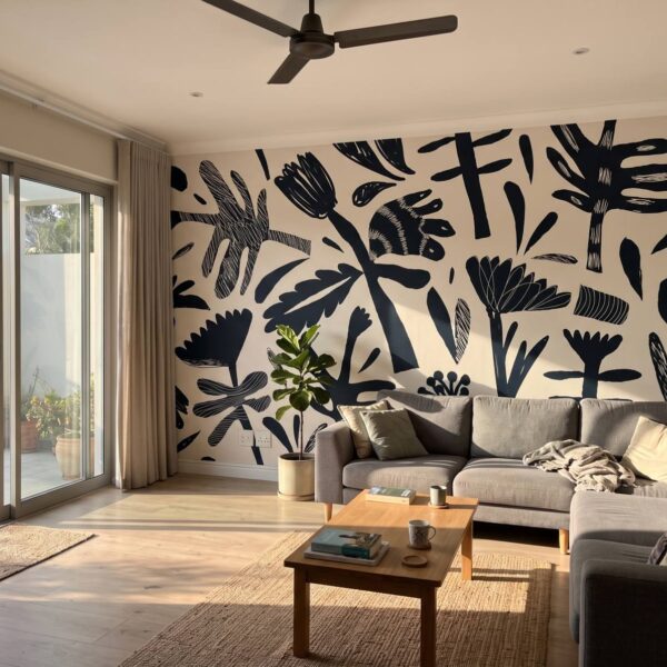 Mural Ink Meadow on Cream shown in a living room