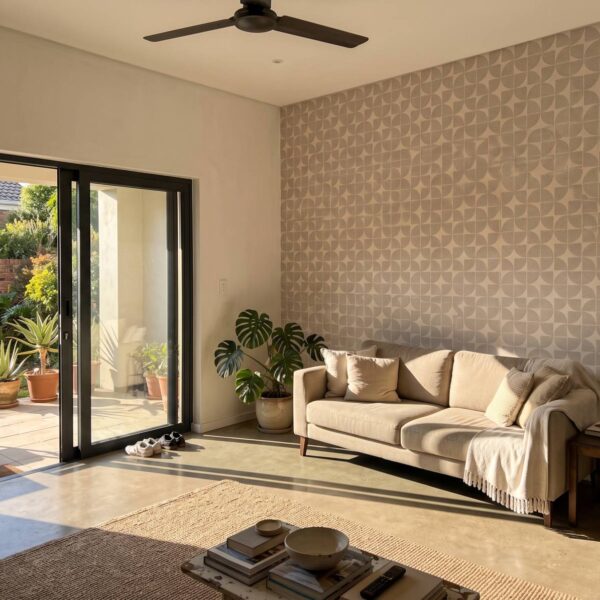 Arlea Beige Tile Wallpaper shown in a living room