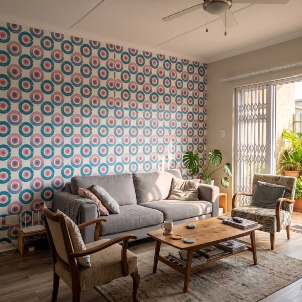 Watermelon Gouache Circles Wallpaper shown in a living room