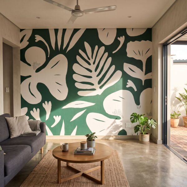 Mural Forest in Flight shown in a living room