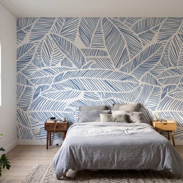 Mural Cobalt veins on white shown in a bedroom