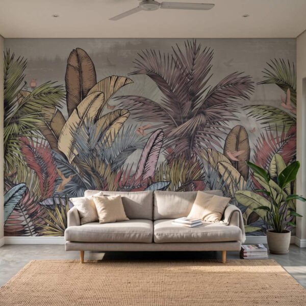 Mural Tirano Jungle shown in a living room