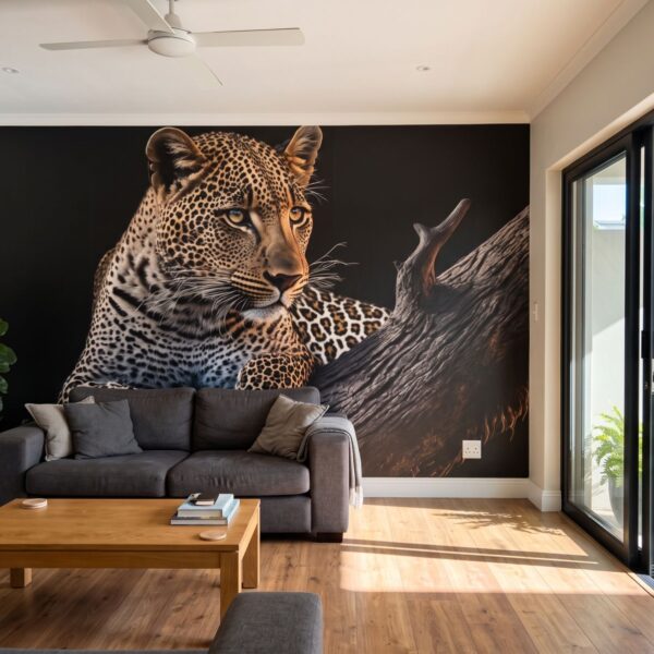 Mural Leopard's Perch shown in a living room