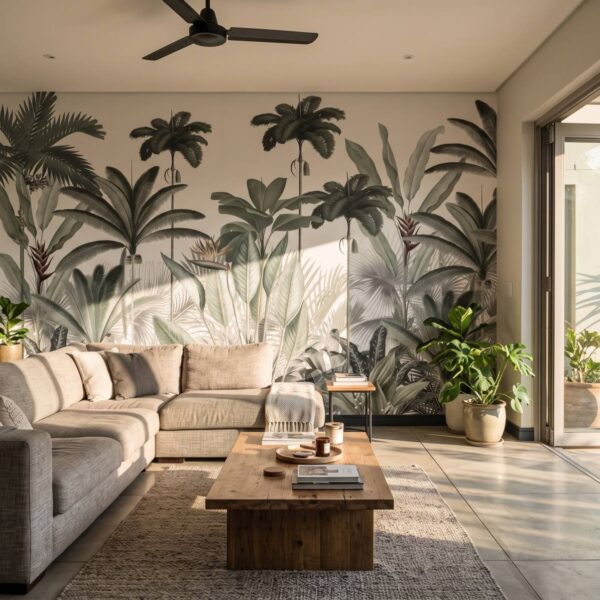 Mural Tropical Heights in Paradise shown in a living room