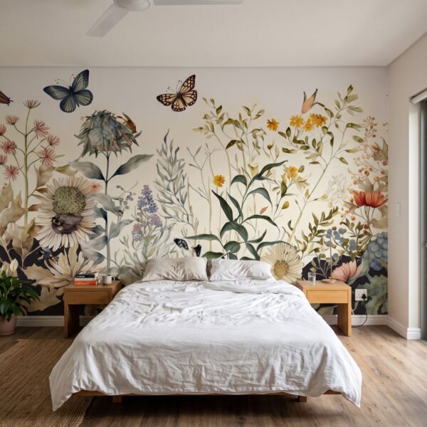 Mural Whimsical Meadow Paradise shown in a living room