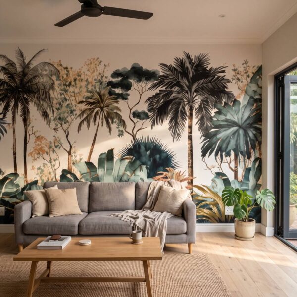 Mural Tropical Watercolor Oasis shown in a living room