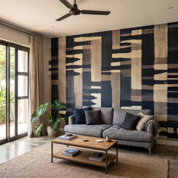 Mural Earthy Indigo shown in a living room