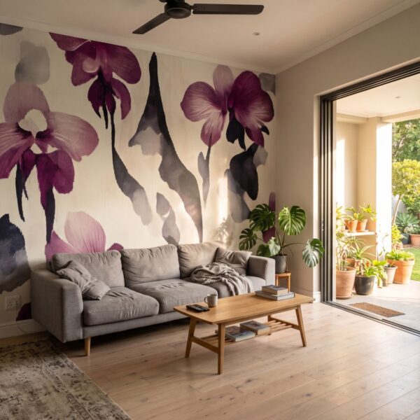 Mural Violet Veil shown in a living room
