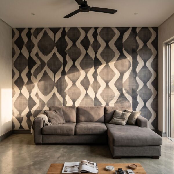 Mural Ashen Hourglass Illusion shown in a living room