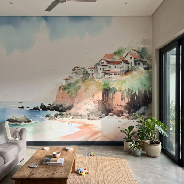 Mural Coastal Village shown in a living room