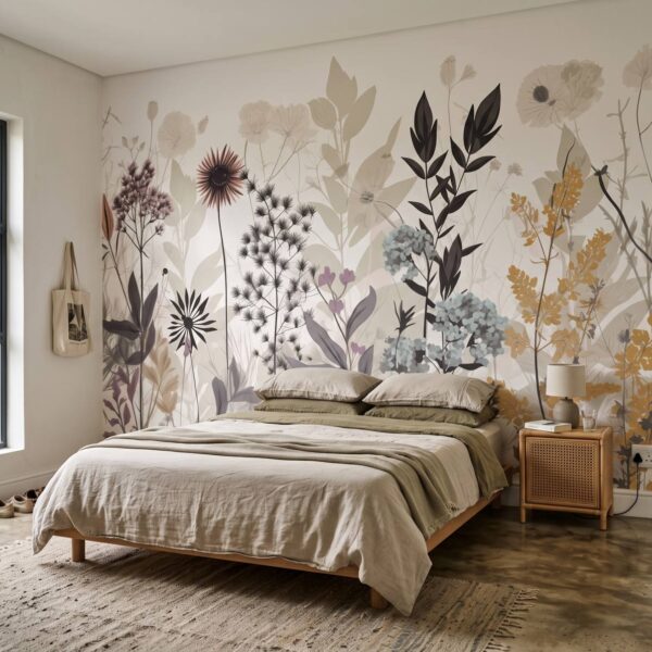 Mural Floral Whispers shown in a bedroom