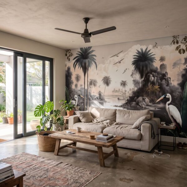 Mural Birds of the Oasis shown in a living room