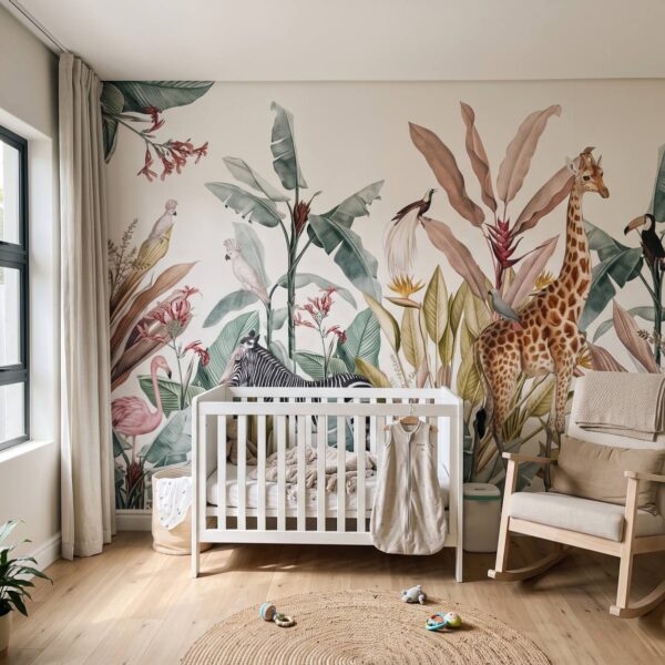 Mural Tropical Animal Paradise shown in a nursery