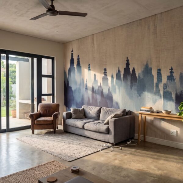 Mural Azure Wooded Towers shown in a living room