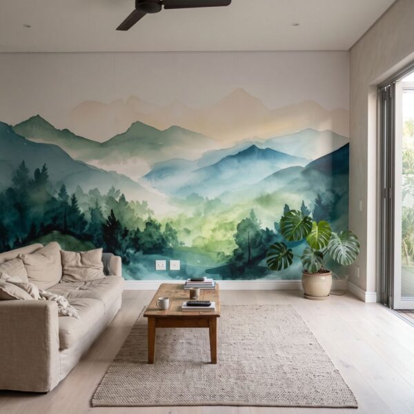 Mural Emerald Misty Peaks shown in a living room