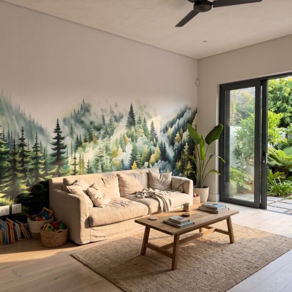 Mural Misty Forest Serenity shown in a living room