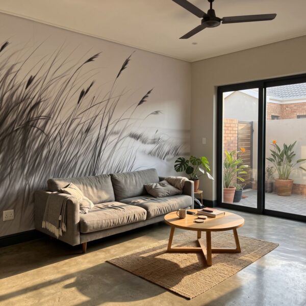 Mural Beach Grass in Charcoal shown in a living room