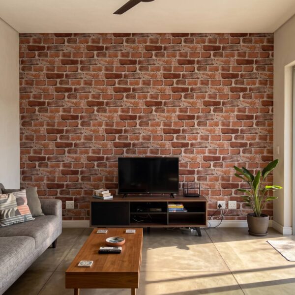 Wallpaper Online Canada, Commercial grade wallpapers and murals, proudly made in Vancouver Canada | Peel & Stick Wallpaper Online | Proudly Made in Canada Red Brick Wallpaper shown in a living room